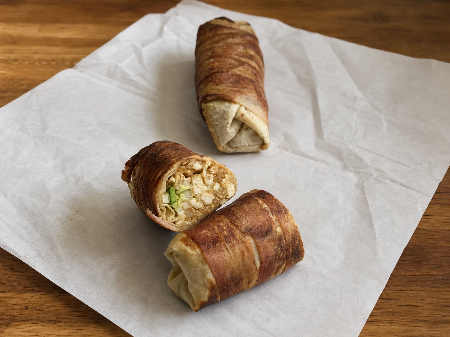 A Lugo’s Burrito shown whole and cut open.